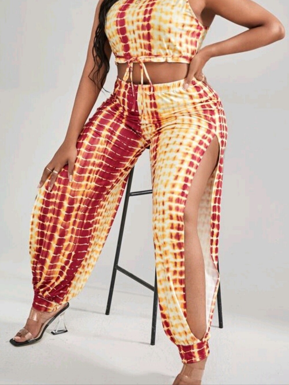 SHEIN Red & Yellow Tie-Dye Side-Slit Wide Leg Pants